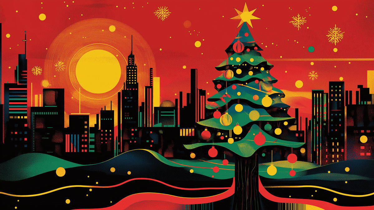 Papier peint mural Nuit de Noël urbaine | Rouge, Vert et Jaune