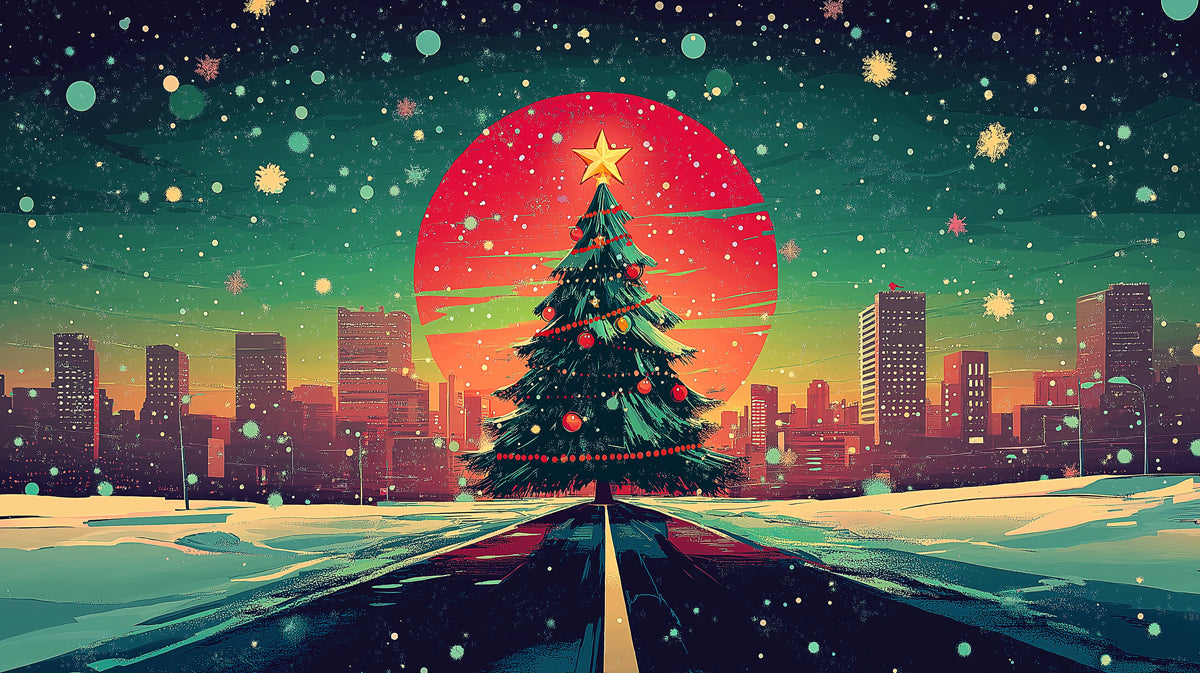 Snowy Road to a Holiday City Mural Wallpaper | Red, Green, and Teal