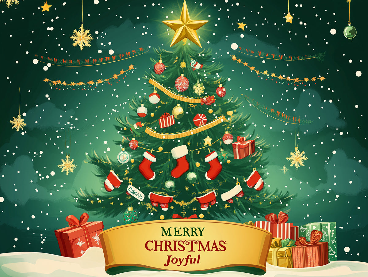 Joyful Banner Christmas Mural Wallpaper | Green, Red, and Gold