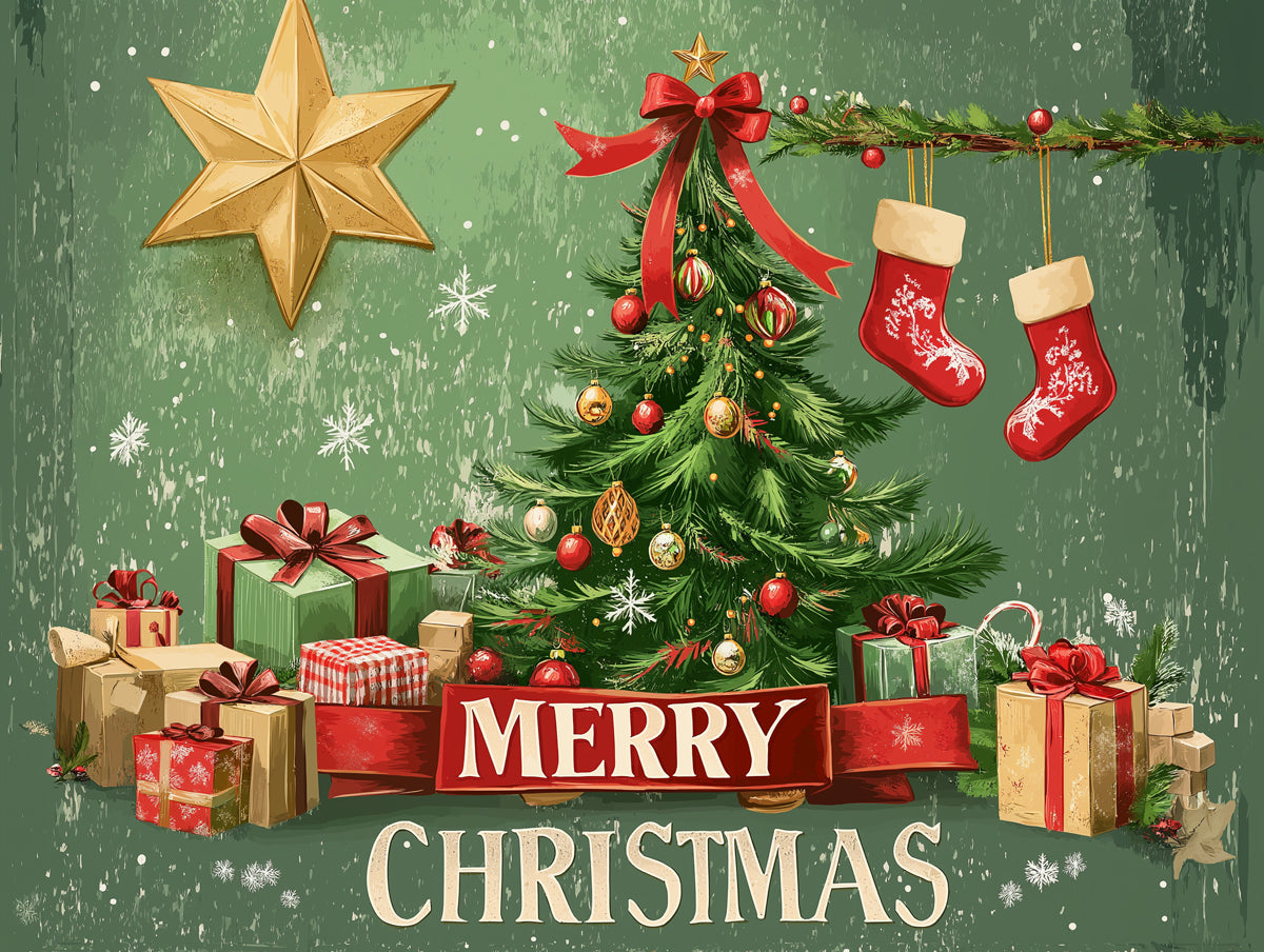 Vintage Holiday Card Mural Wallpaper | Green, Red, and Gold