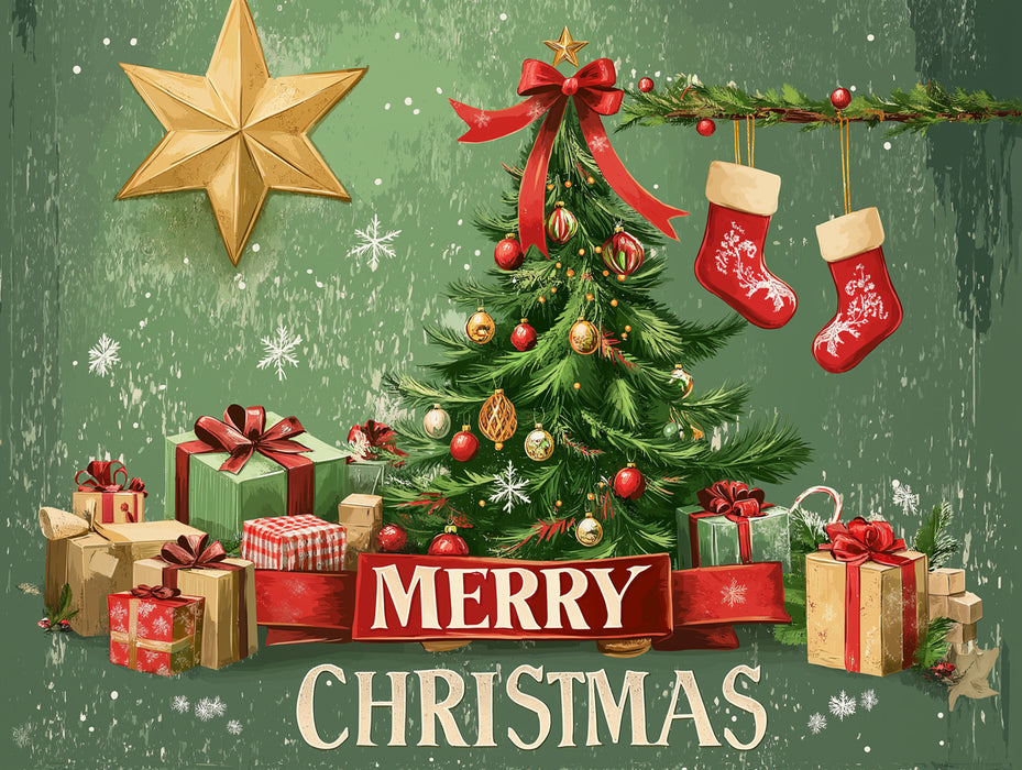 Vintage Holiday Card Mural Wallpaper | Green, Red, and Gold