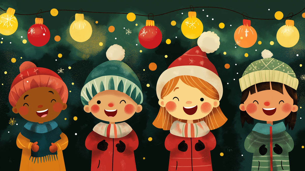 Holiday Carolers Mural Wallpaper | Red, Green, and Yellow