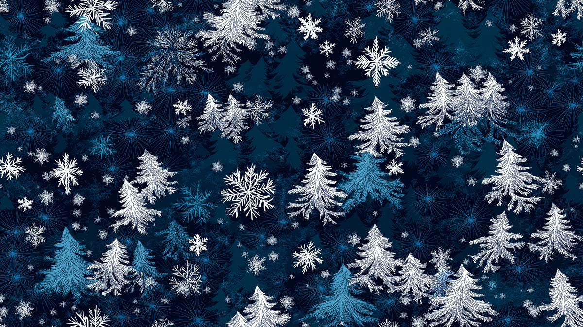 Murale de motif de forêt de minuit | Bleu marine profond, bleu et blanc