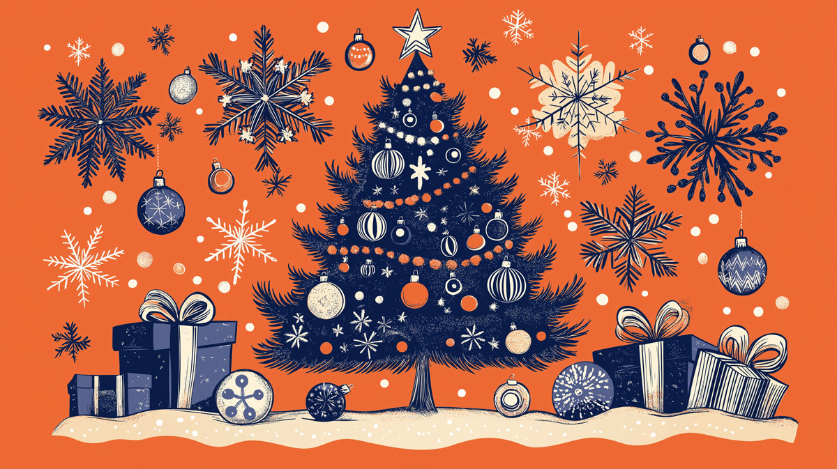 Linocut Christmas Mural Wallpaper | Orange and Navy