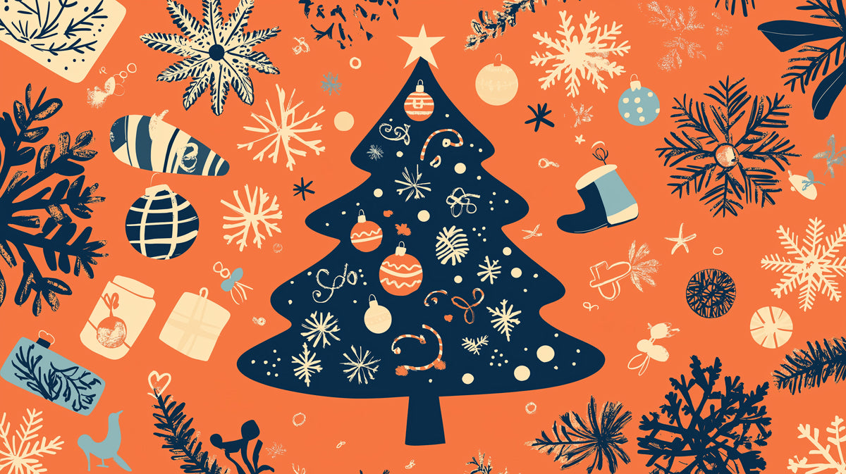 Carta da parati murale Folk Art Holiday Medley | Arancione e blu navy