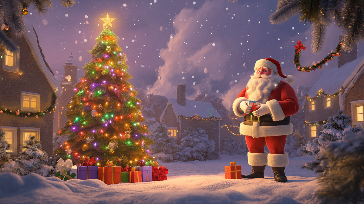 Christmas Eve in the Village Mural Wallpaper | Red, Green, and Purple