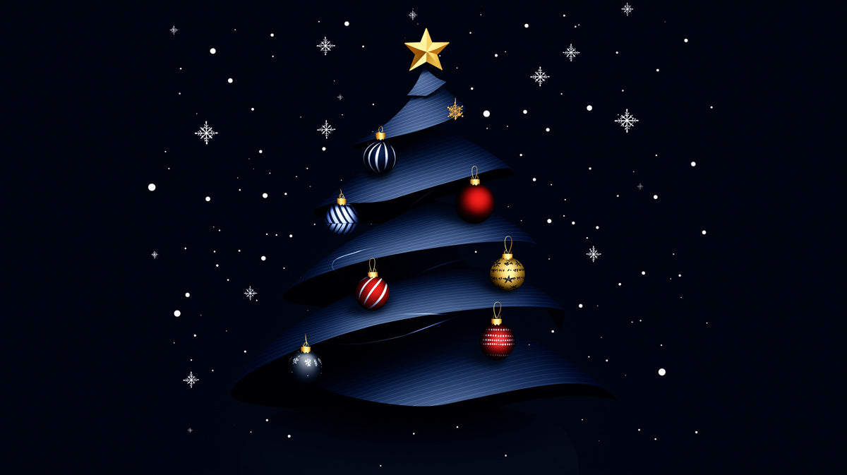 Holiday Ribbon Tree Mural Wallpaper | Navy, Red, and Gold