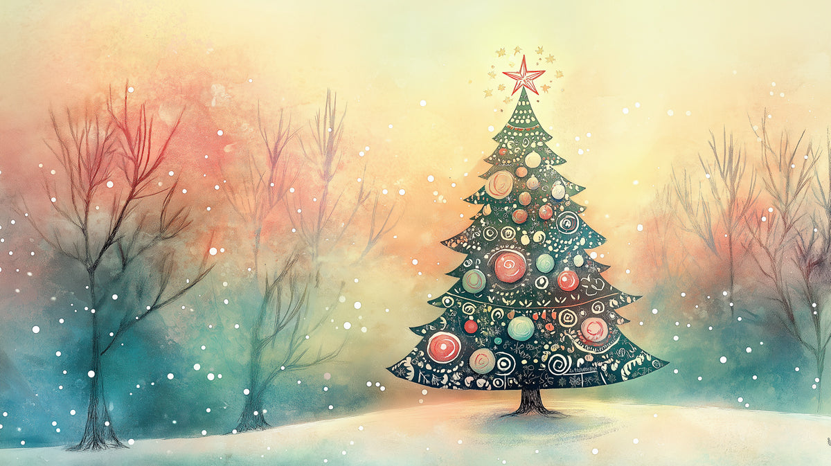 Dreamy Winter Watercolor Mural Wallpaper | Teal, Peach, and Red