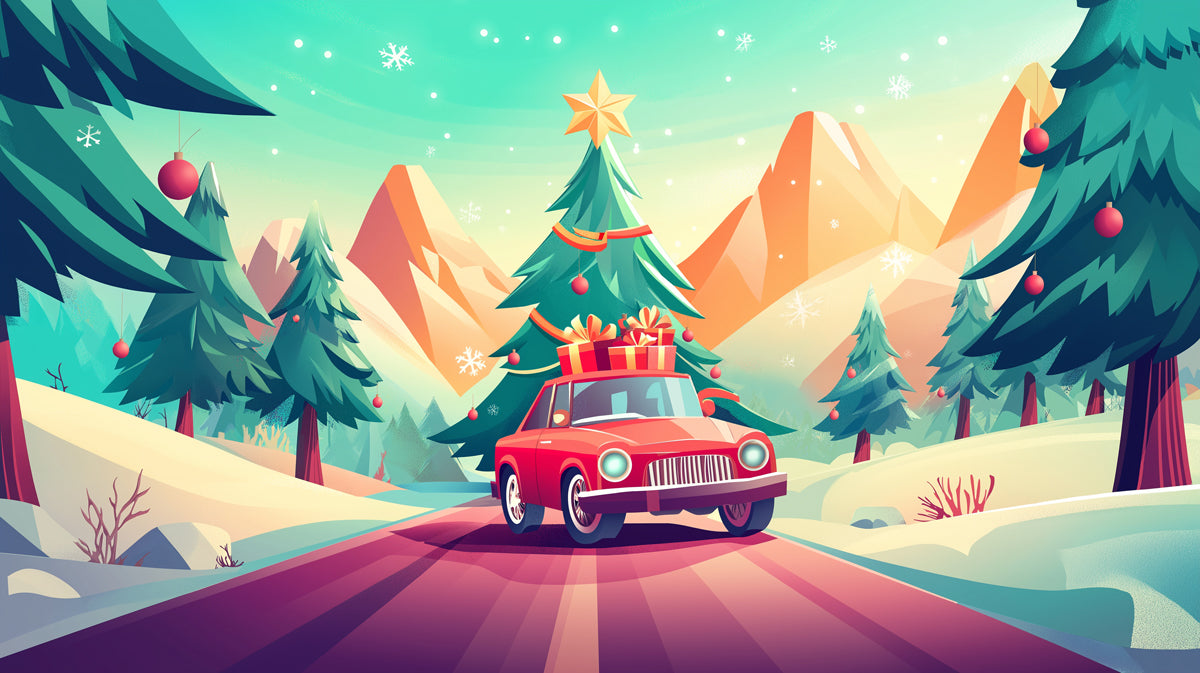 Festive Red Christmas Car Wallpaper | Snowy Holiday Road Trip with Tree