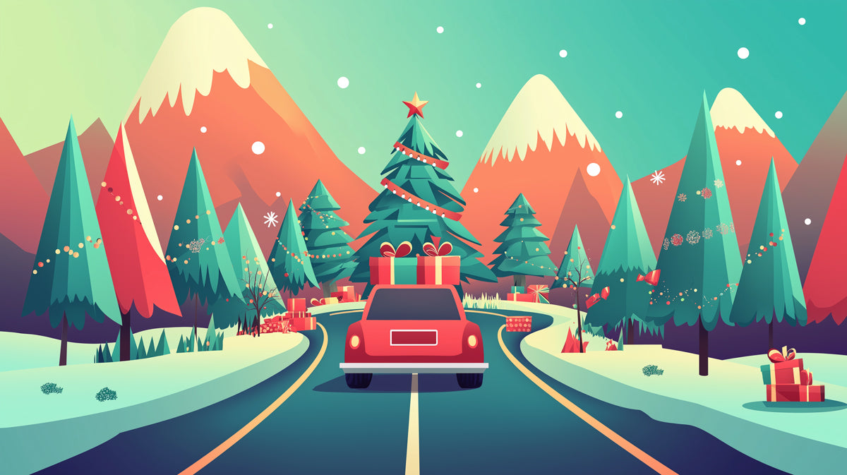 Vibrant Christmas Mountain Drive Wallpaper | Holiday Adventure with Gifts