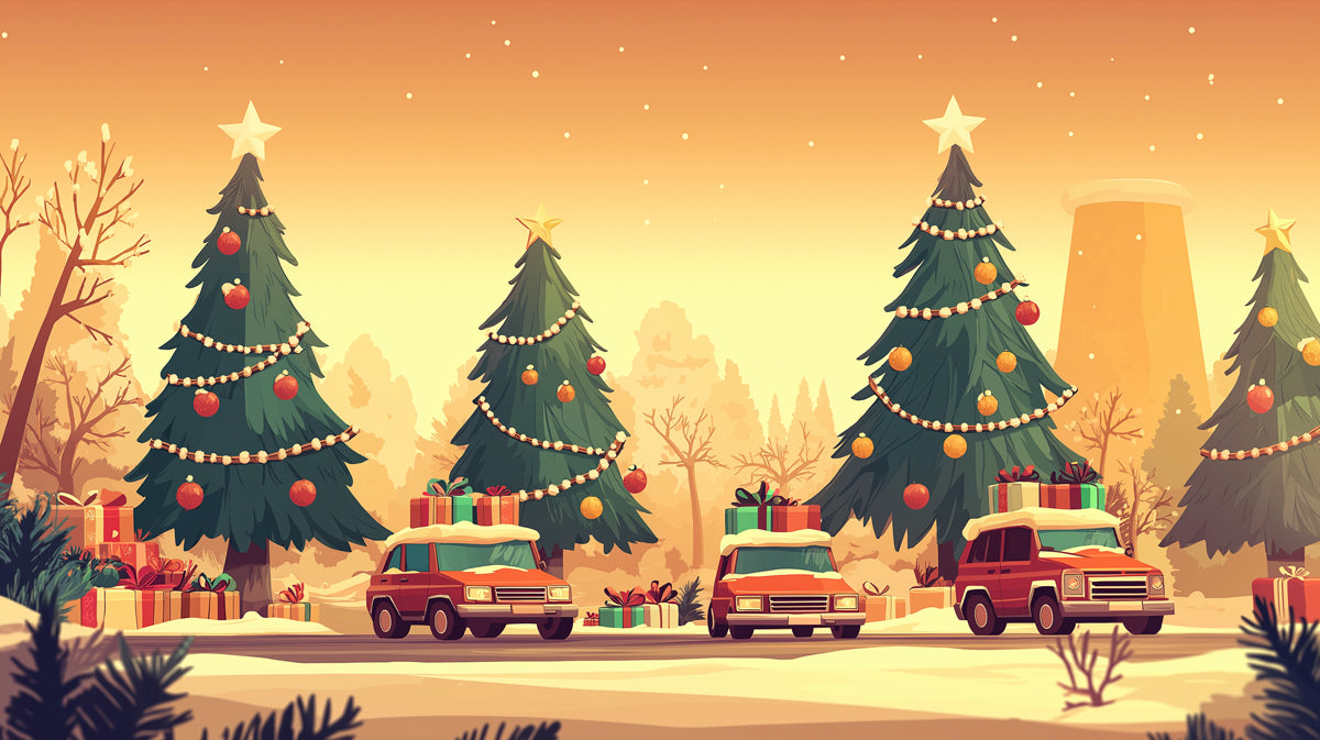 Festive Christmas Drive Wallpaper | Snowy Holiday Road Trip with Gifts