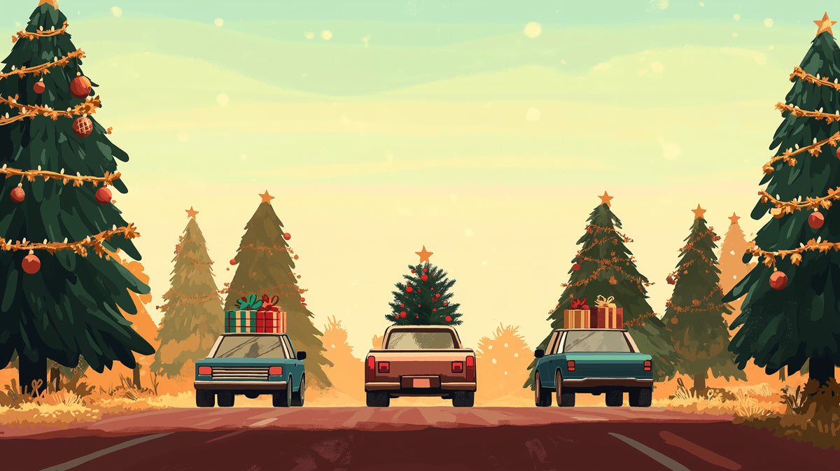 Scenic Christmas Road Trip Wallpaper | Holiday Journey with Festive Trees