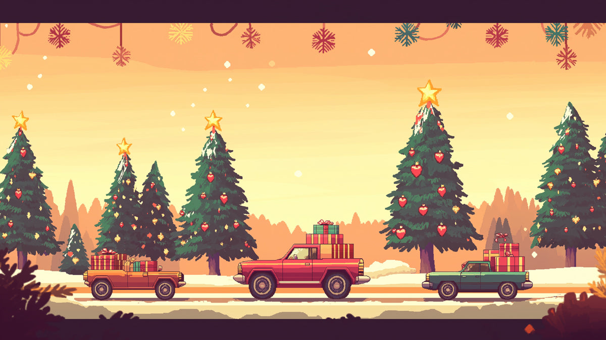 Minimalist Christmas Convoy Wallpaper | Festive Cars in Green Landscape