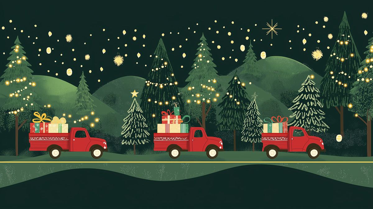Rustic Night Christmas Drive Wallpaper | Festive Trucks in Snowy Forest