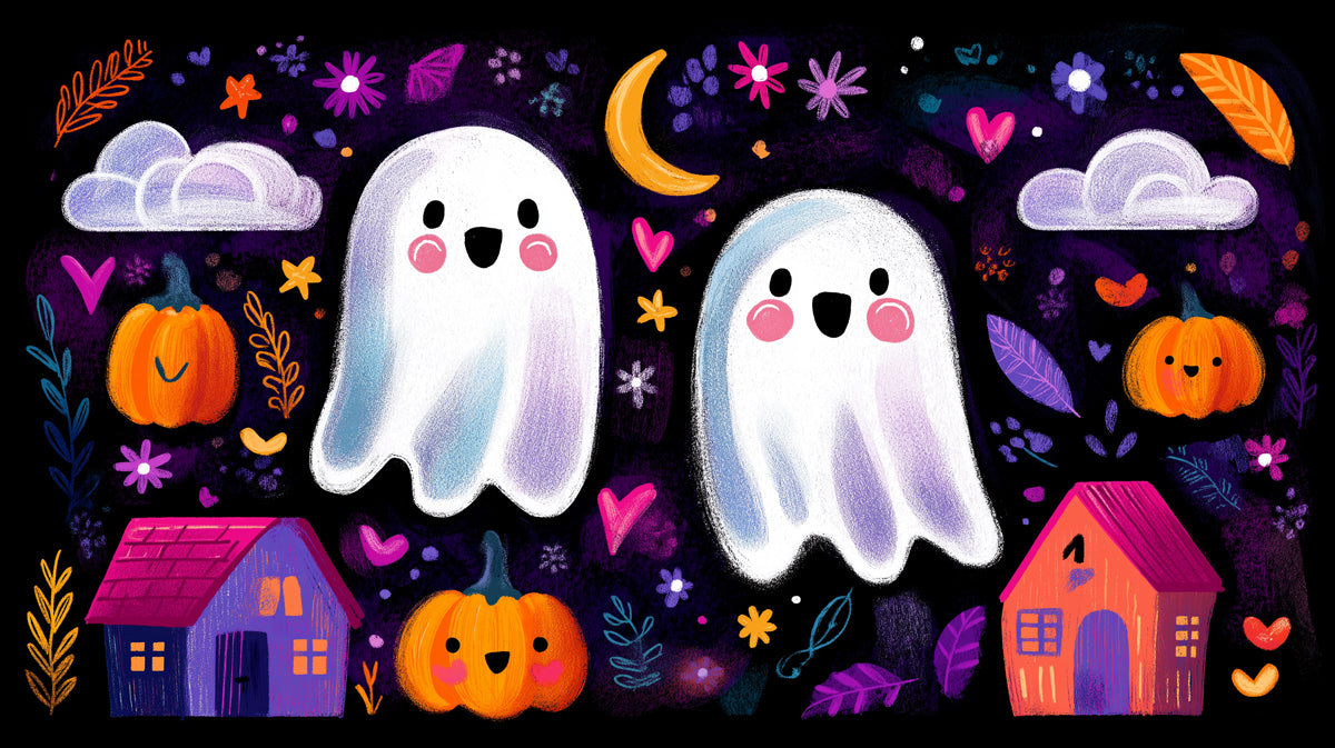 Whimsical Halloween Night Dream Wallpaper | Cute Ghosts, Pumpkins & Houses