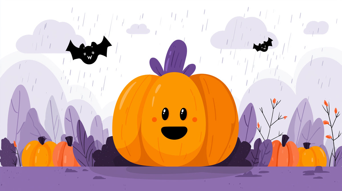 Sfondo di una Zucca Felice Sotto un Cielo Piovoso | Scena Autunnale Fantastica