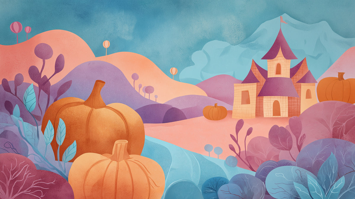Whimsical Halloween Castle Landscape Wallpaper | Pastel Spooky Scenery