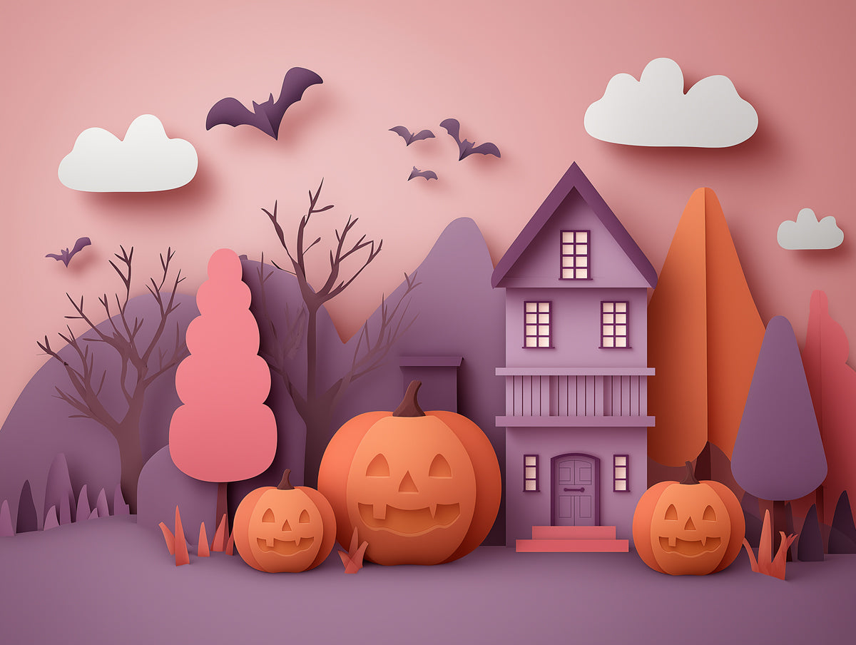 Verspielte Papier-Schwarz-Weiß-Halloween-Szene Tapete | Niedliches Spukhaus & Kürbisse