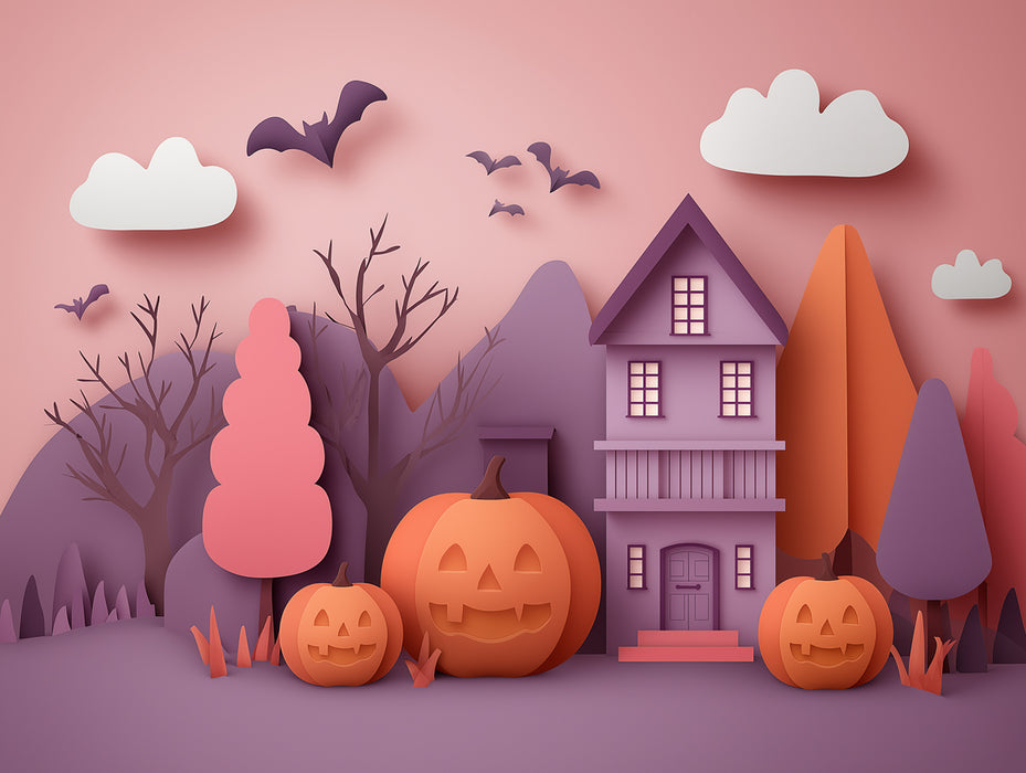 Verspielte Papier-Schwarz-Weiß-Halloween-Szene Tapete | Niedliches Spukhaus & Kürbisse