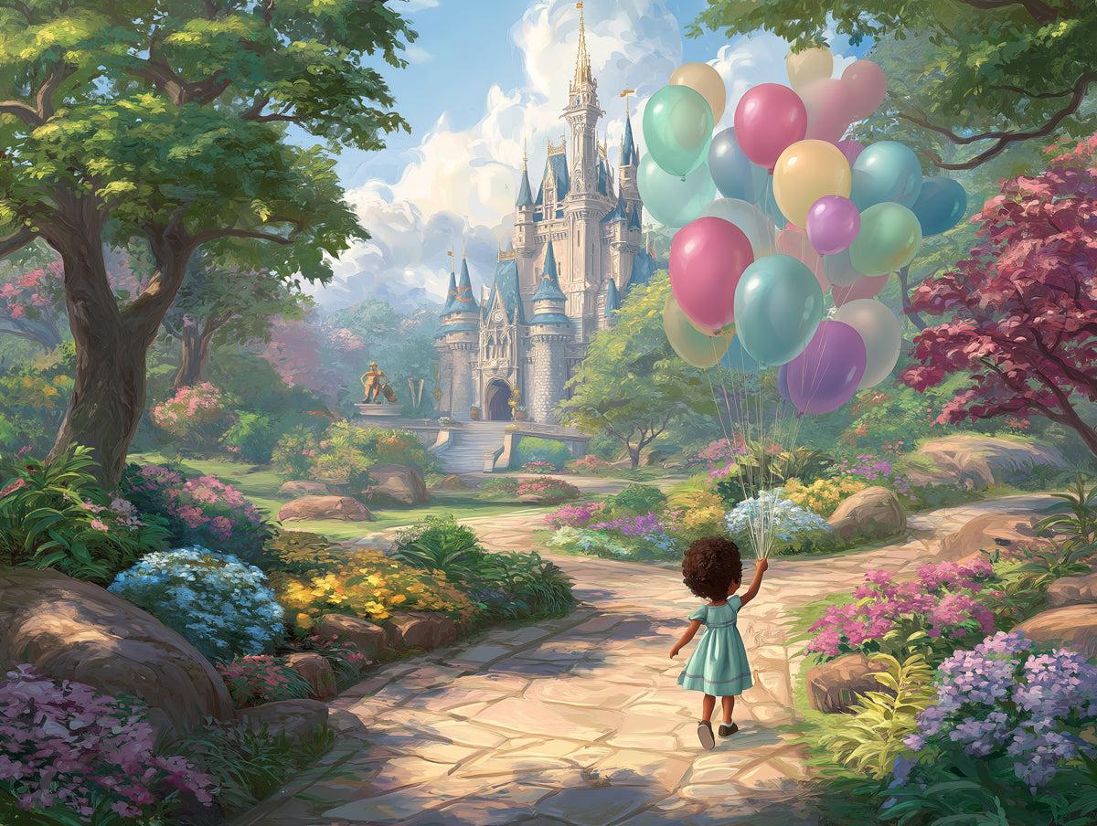 Magical Castle Journey Wallpaper | Girl with Flowers and Balloons