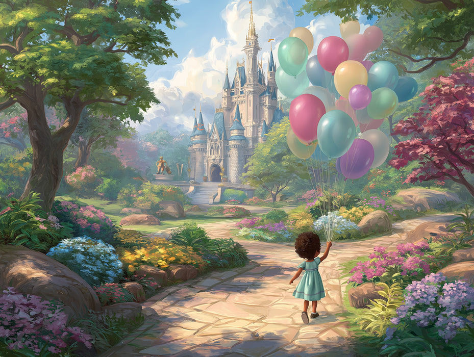 Magical Castle Journey Wallpaper | Girl with Flowers and Balloons