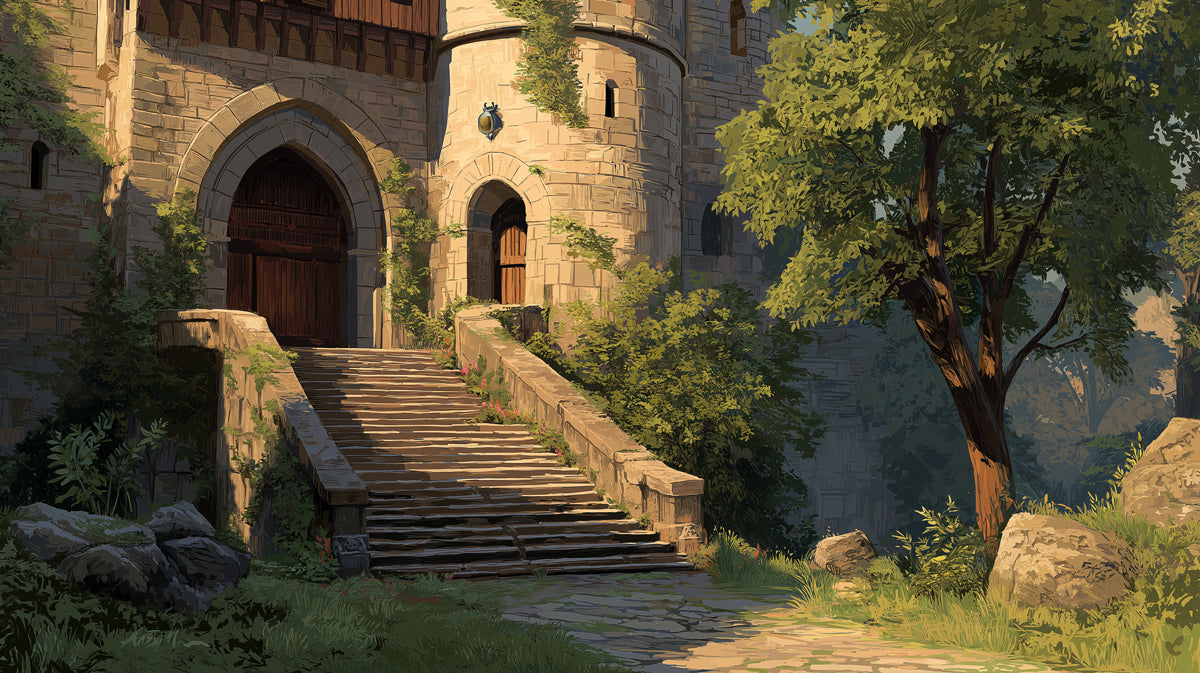 Sun-Drenched Medieval Castle Entrance Wallpaper | Tranquil Stone Architecture Scene