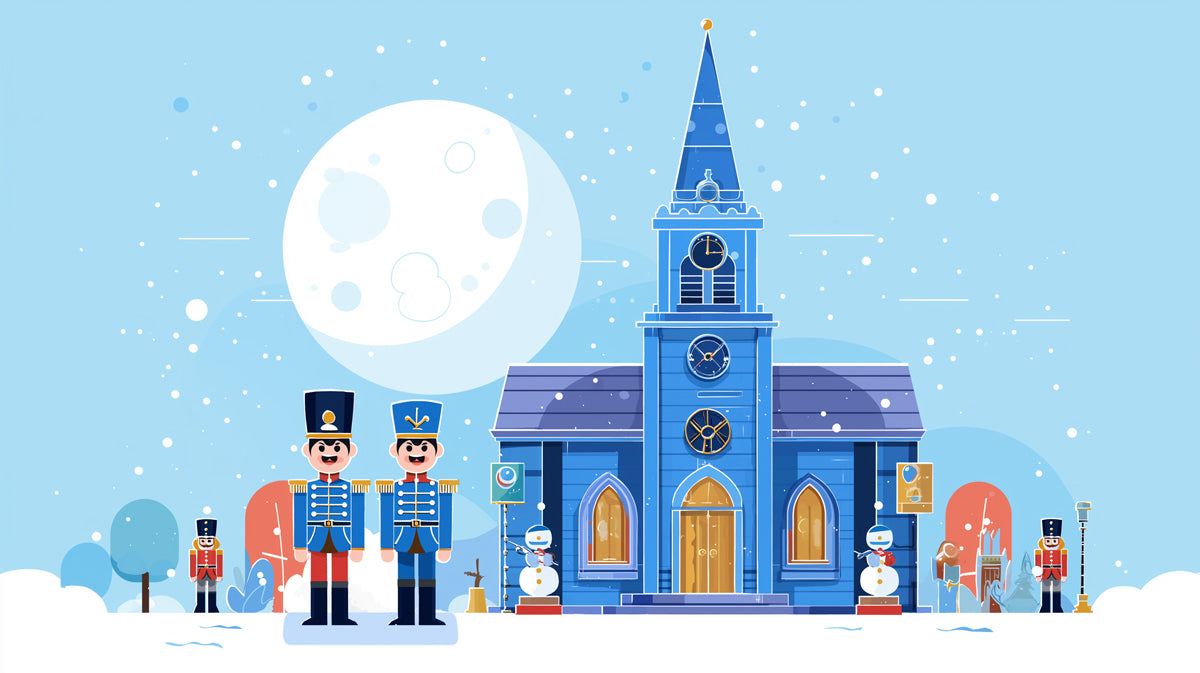 Iglesia nevada bajo la luz de la luna con papel tapiz de cascanueces | Noche invernal festiva