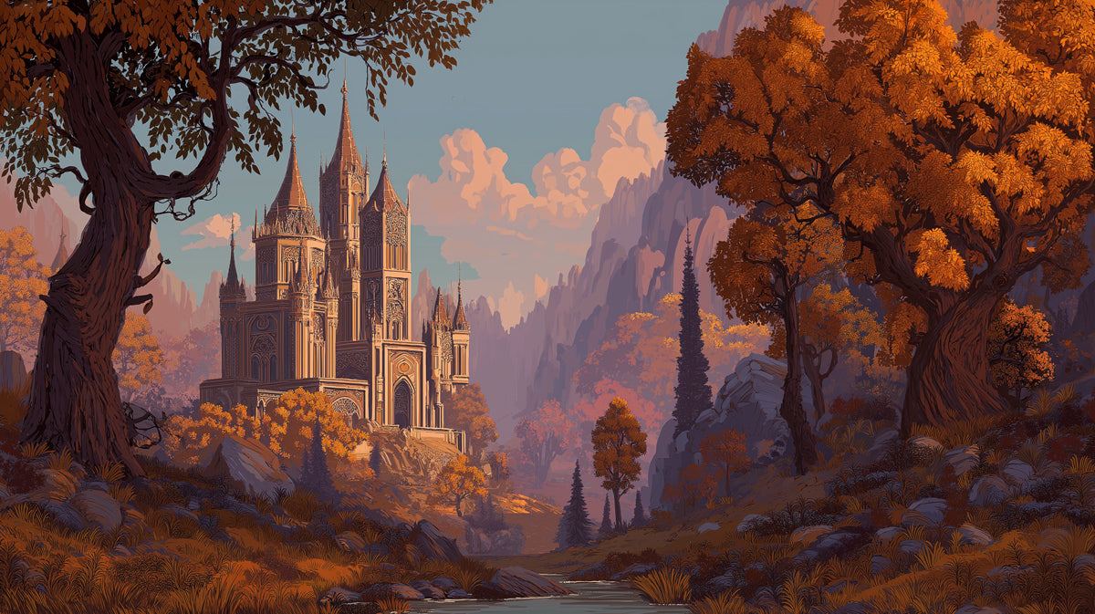 Golden Hour Castle Valley Wallpaper | Sereno Fortezza in Paesaggio Autunnale