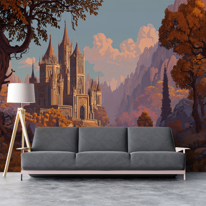 Golden Hour Castle Valley Wallpaper | Sereno Fortezza in Paesaggio Autunnale