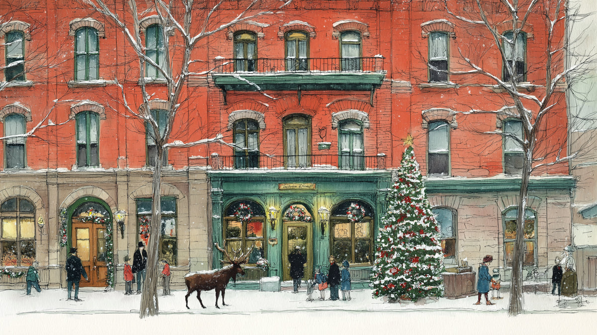 Elegant Snowy Town Square with Reindeer Wallpaper | Classic Christmas Scene