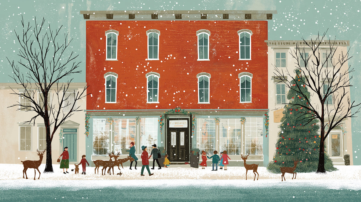 Papier peint de scène hivernale urbaine festive | Pâté de maisons charmant avec des cerfs