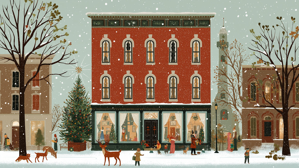 Lively Christmas Shopping Street Wallpaper | Snowy Holiday Town with Reindeer