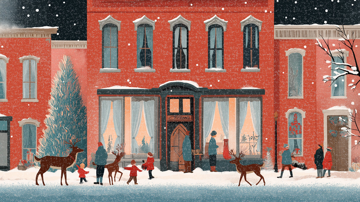 Cozy Christmas Night Street Wallpaper | Festive Town with Snow & Deer