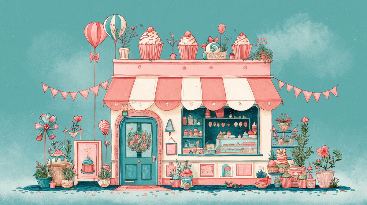 Festive Cupcake & Sweet Shop with Balloons Wallpaper | Cheerful Confectionery Boutique