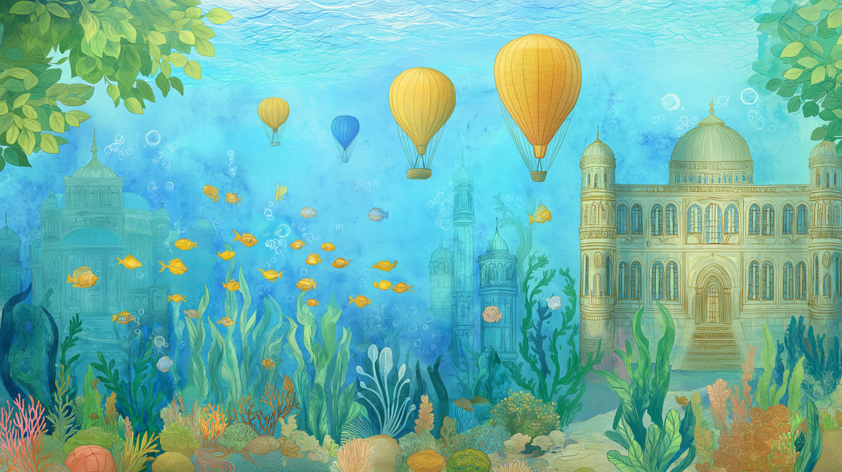 Underwater Castle Dreamscape Wallpaper | Whimsical Ocean Fantasy with Hot Air Balloons