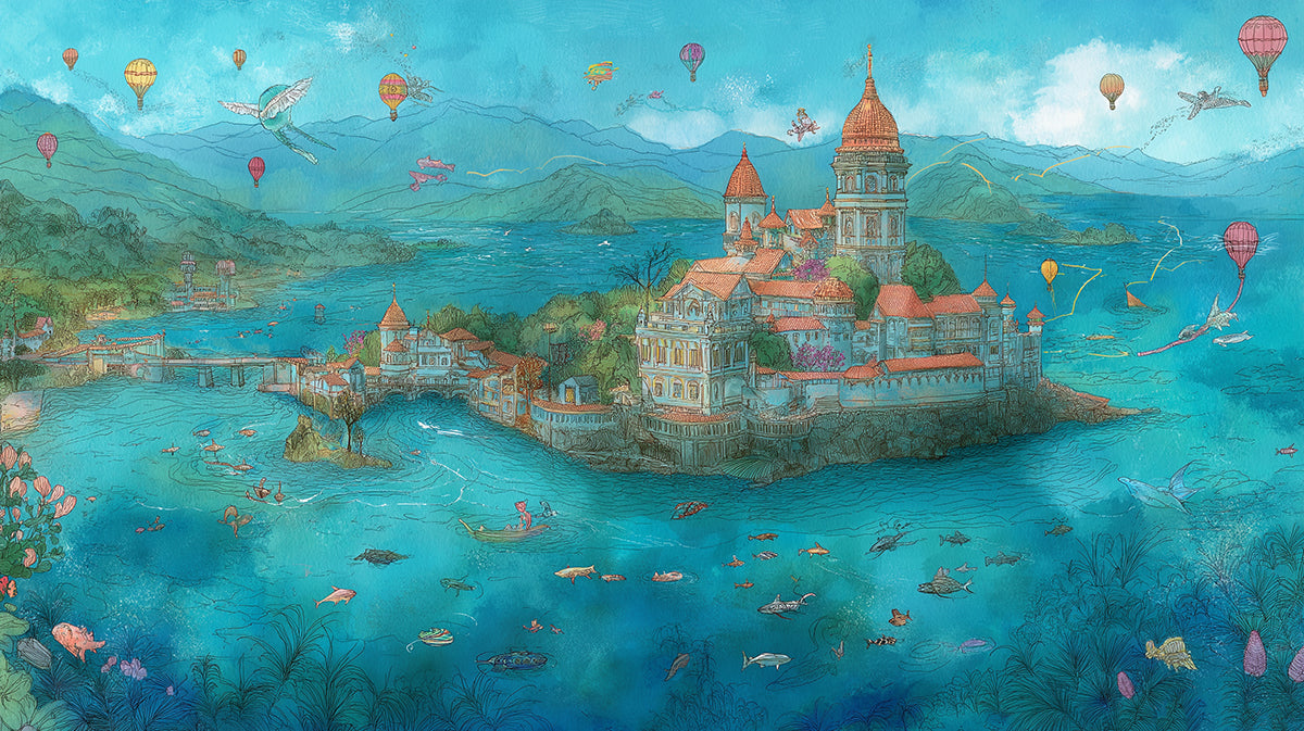 Fantastisches Inselkönigreich Hintergrundbild | Heißluftballons & Meeresleben