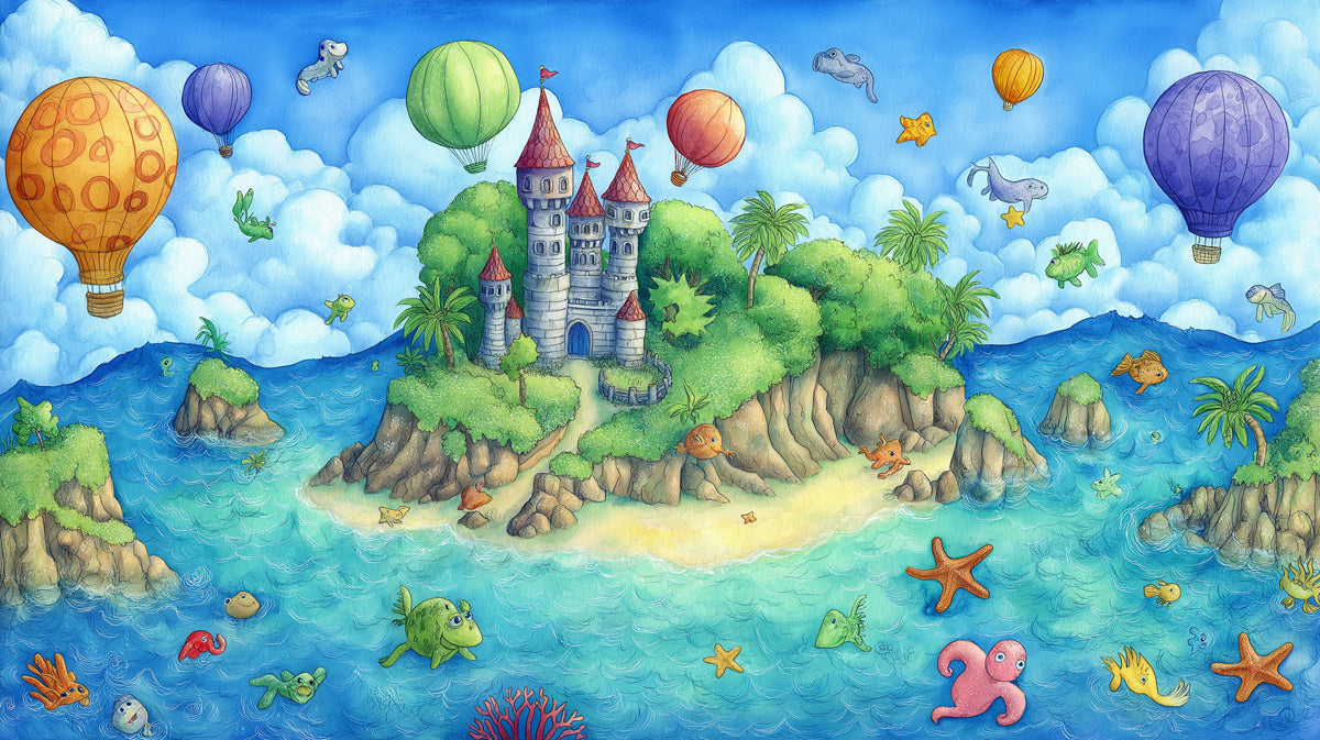 Whimsical Island Castle Dream Wallpaper | Playful Marine Life & Hot Air Balloons