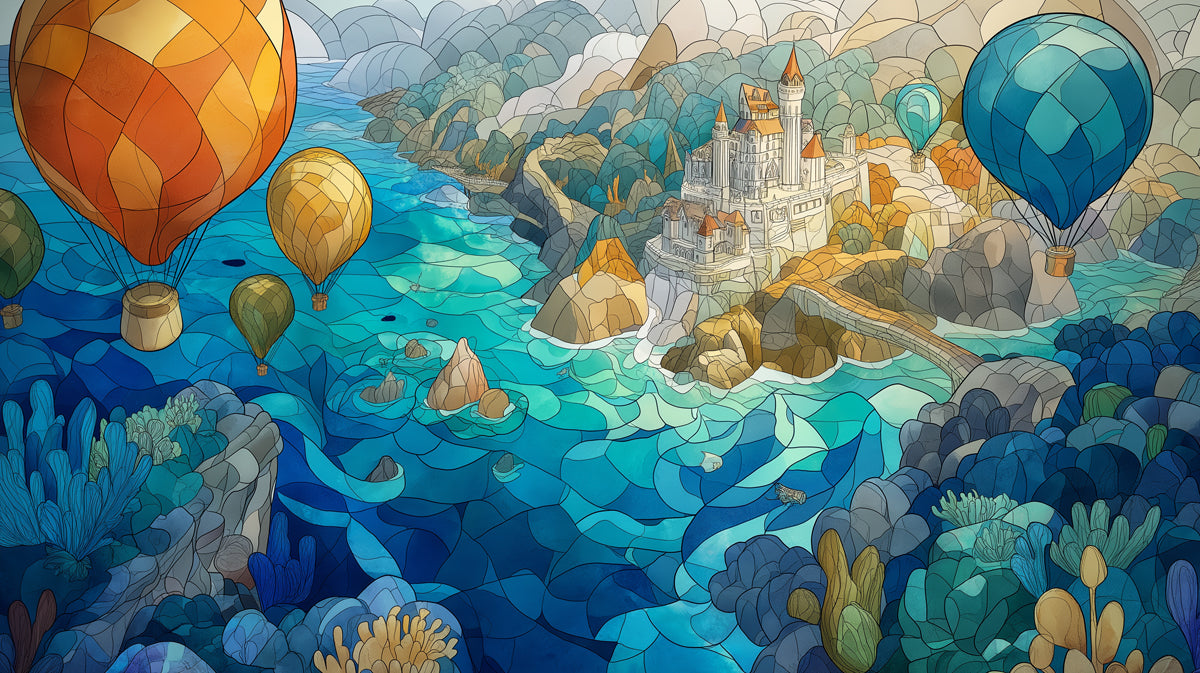 Stained Glass Ocean Castle Wallpaper | Whimsical Coastal Fantasy with Hot Air Balloons