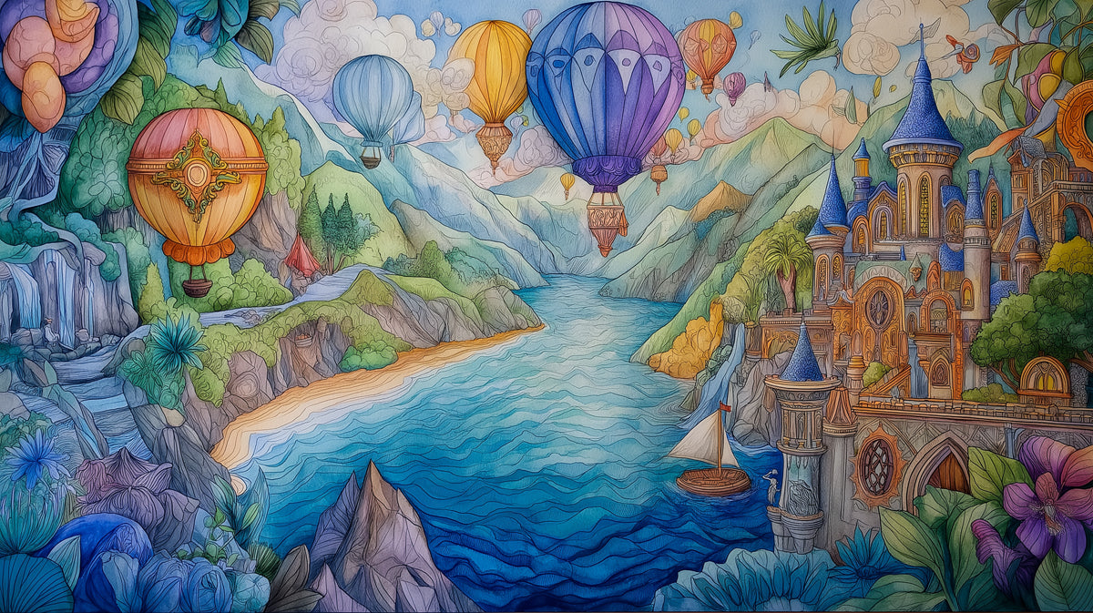 Verdant Valley Castle Wallpaper | Lush Fantasy Landscape with Hot Air Balloons