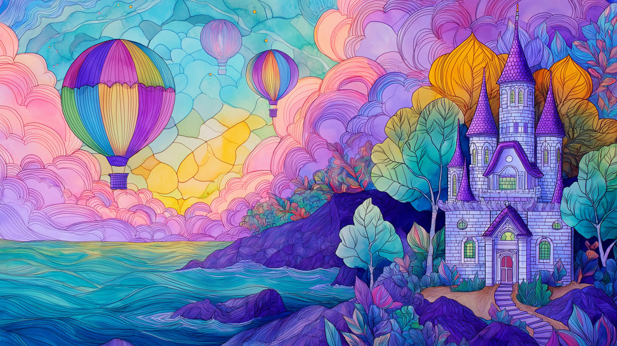 Psychedelic Coastal Castle Wallpaper | Vibrant Hot Air Balloons & Dreamy Sky