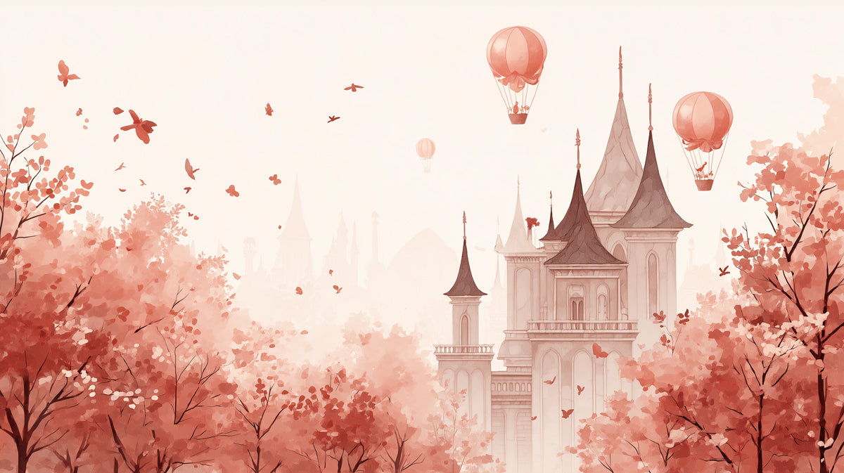 Ethereal Autumn Castle Wallpaper | Dreamy Fall Landscape with Hot Air Balloons