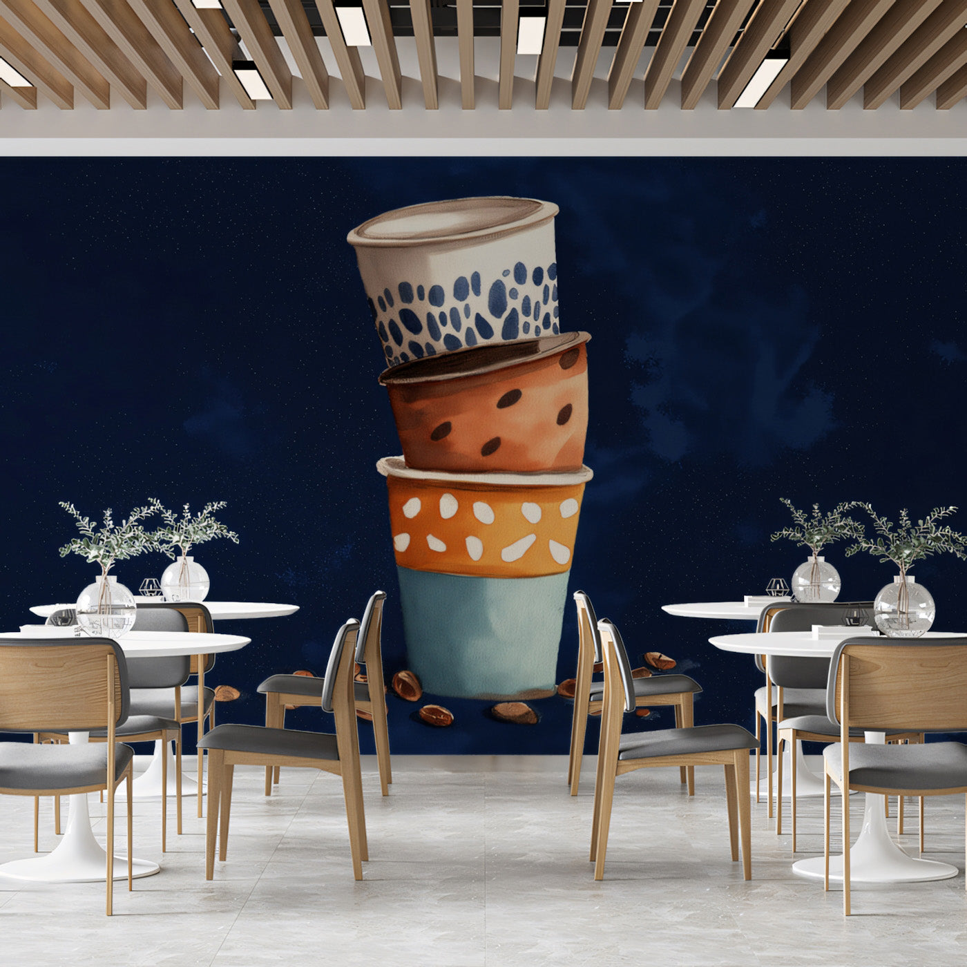 Stacked Coffee Cups Pattern Wallpaper | Cozy Cafe Design