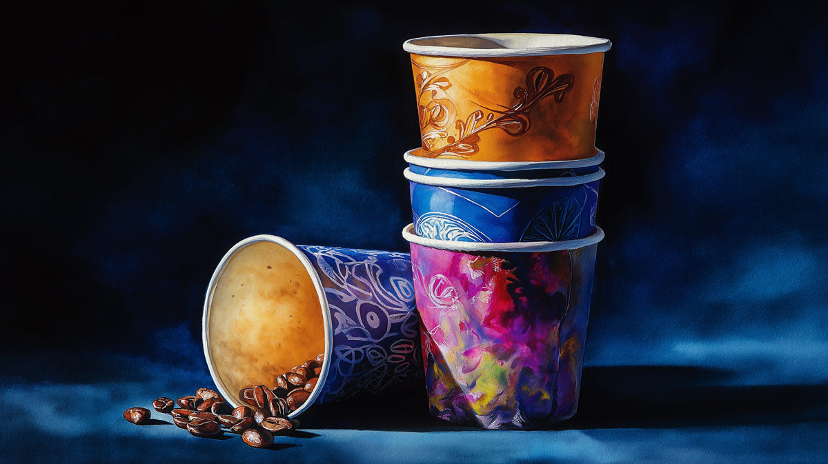 Artistic Coffee Cup Stack Wallpaper | Modern Cafe Design with Coffee Beans