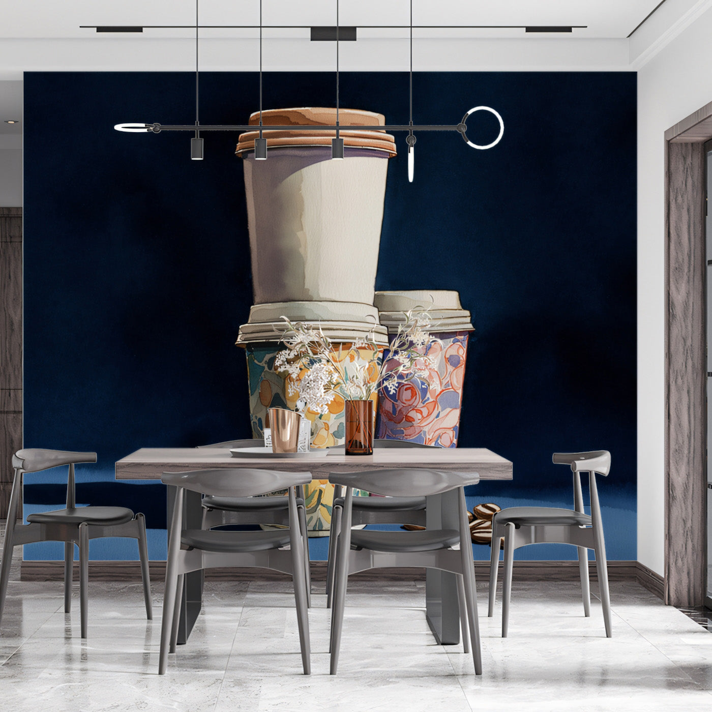 Carta da parati con tazze da caffè floreali | Design elegante di contenitori per bevande