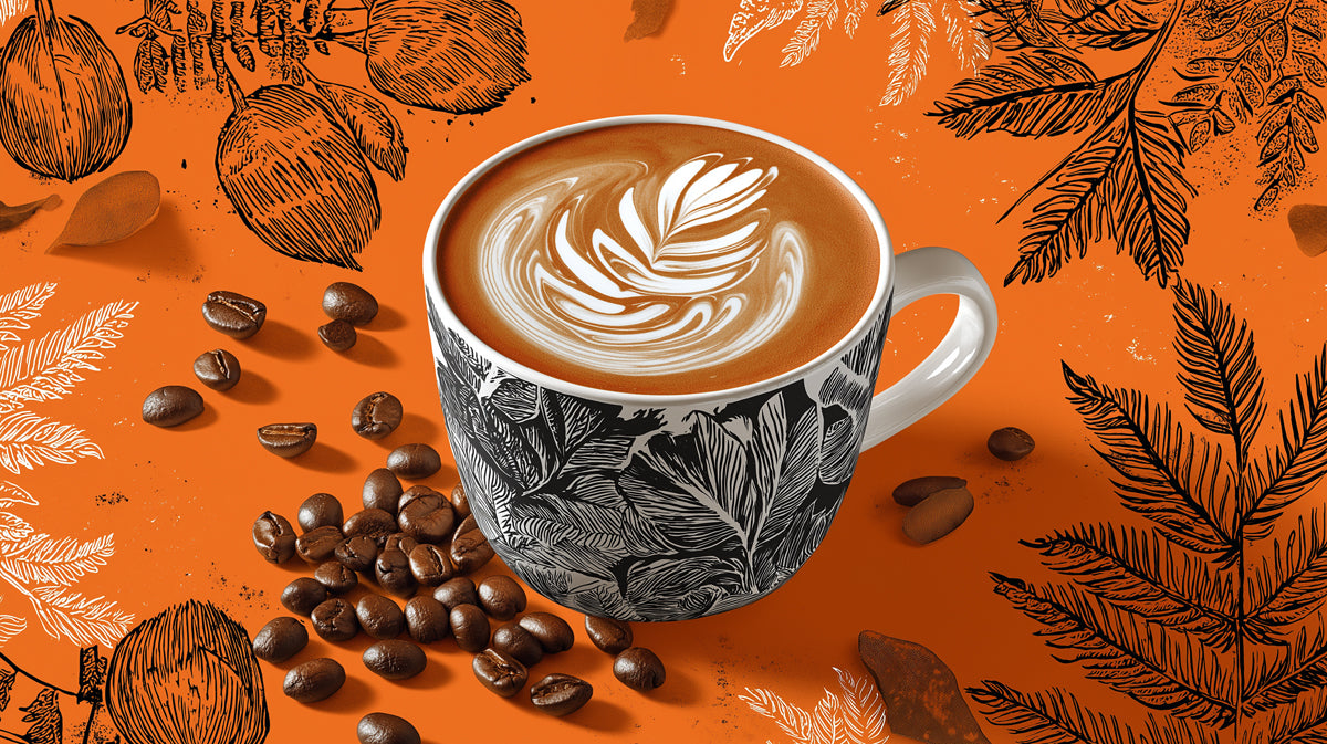 Bold Latte Art Wallpaper | Graphic Coffee Design with Autumn Leaves