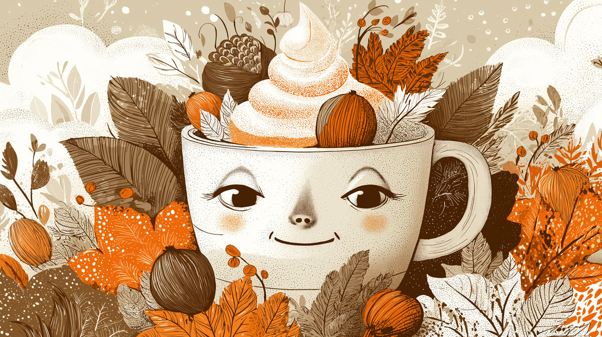Cozy Autumn Mug Character Wallpaper | Smiling Hot Beverage with Fall Leaves