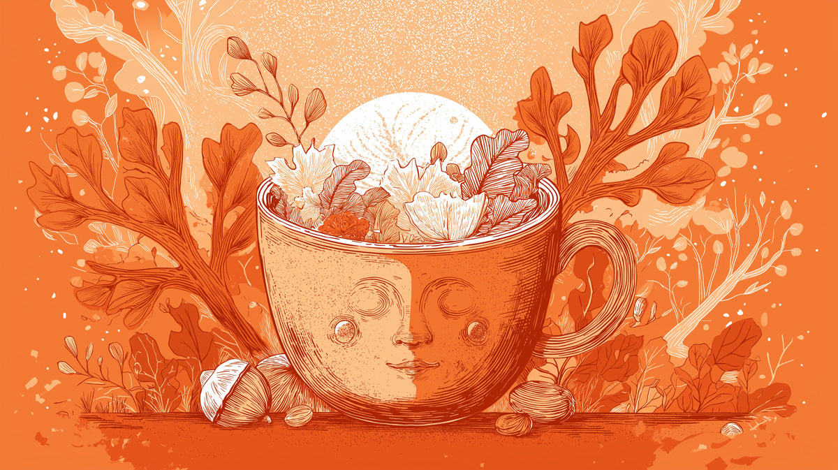 Fondo de pantalla de taza de café con cara de otoño soñador | Arte de bebida de otoño caprichoso