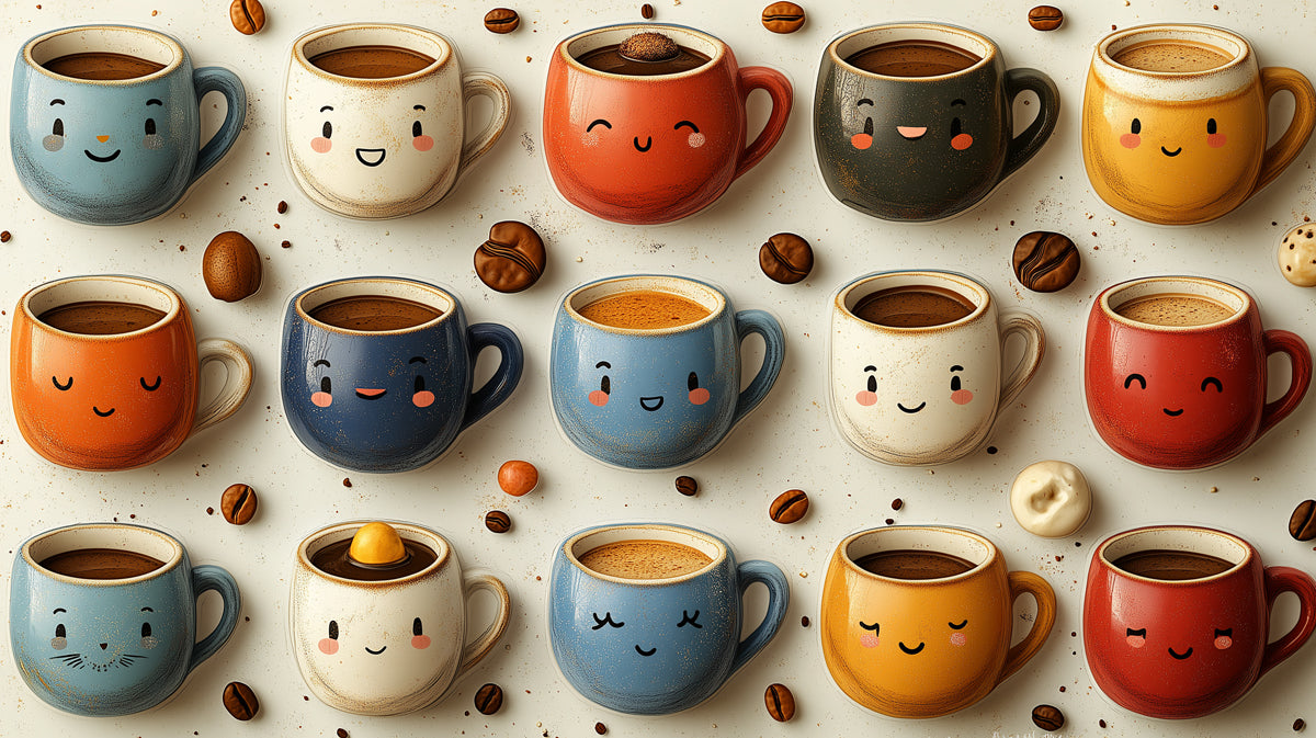 Cheerful Coffee Mug Faces Wallpaper | Happy Beverage Collection