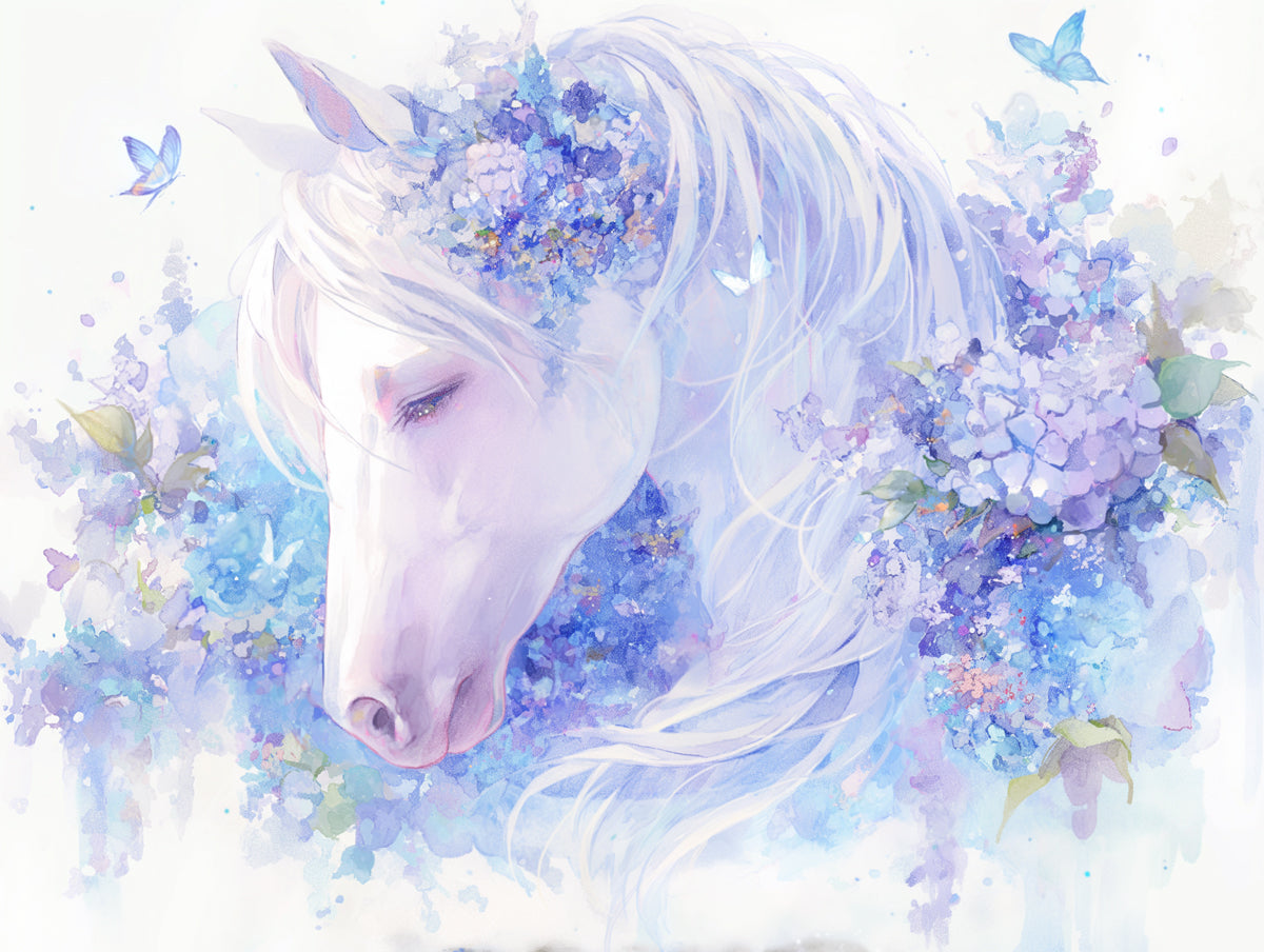 Papel tapiz mural de caballo y flores en la sala de juegos | Caballo púrpura, azul y blanco 