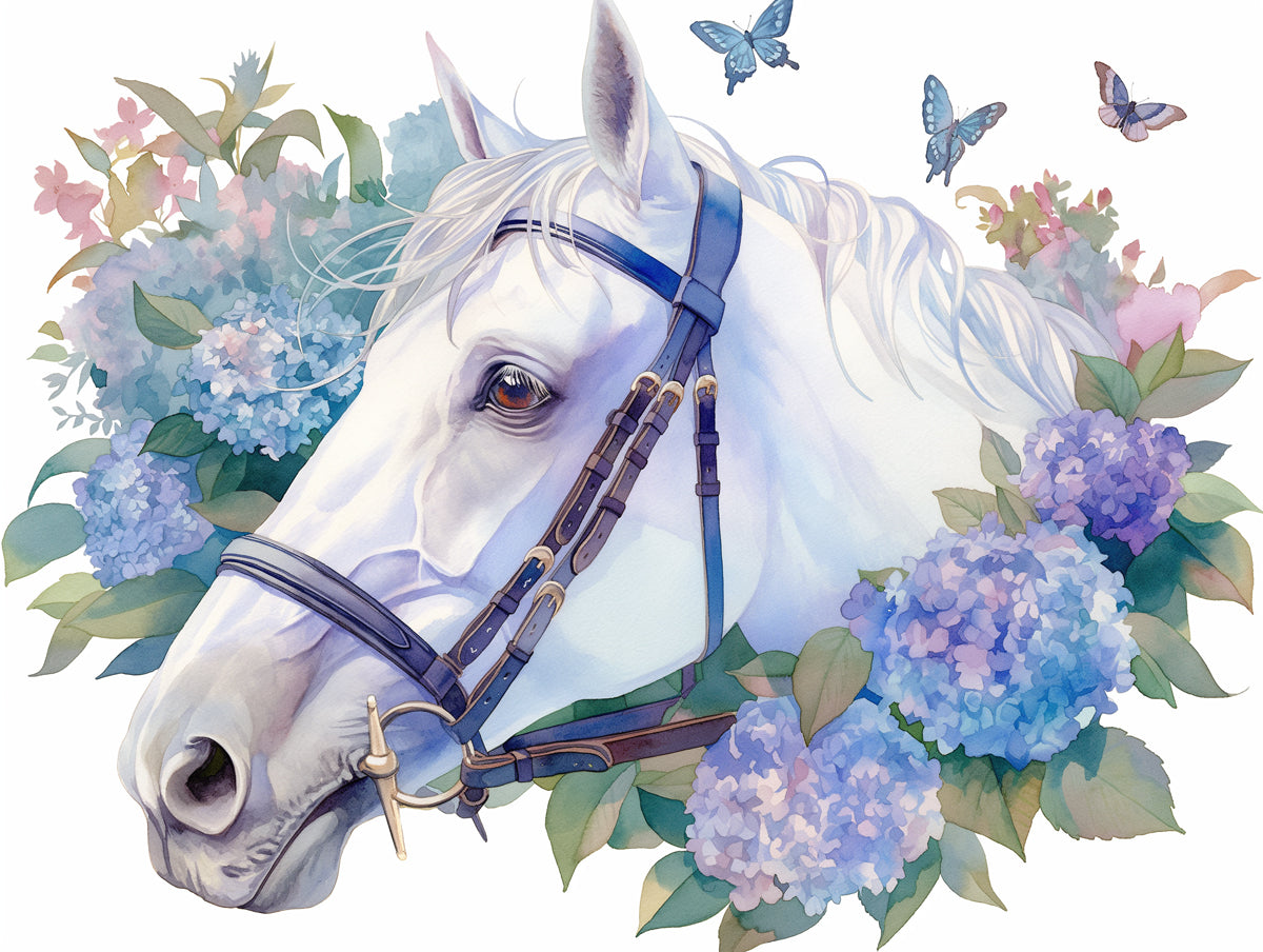 
Carta da parati murale a tema cavalli e fiori per camera da letto dei bambini | Cavallo viola, blu e bianco -4